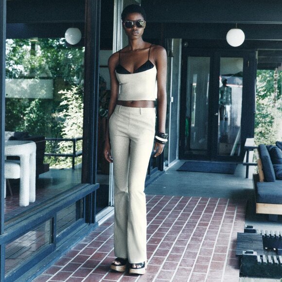 BLOGGER'S FAVE! Zara 2 Piece Flared Pants And Matching Tank Top Set Khaki NWT - Picture 6 of 14